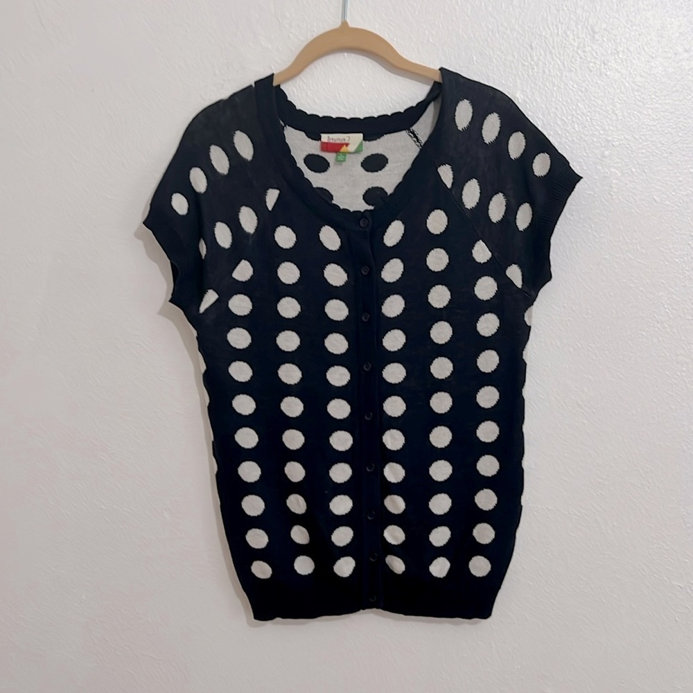 Woman’s Size L Navy Blue White Polka Dot Light Weight Button Up Sweater Vest